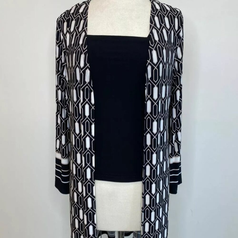 Joseph Ribkoff Jacket Coat Duster 203291 NWT 8 Black Ivory Beige Geometric Deco